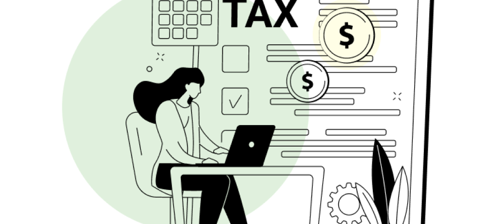 An illustration of a woman working on her laptop with the word "tax" and dollar signs in the background