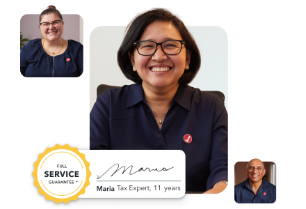 Maria, a TurboTax expert with 11 years of experience smiling warmly next to a TurboTax Full Service guarantee badge. Second and third images of Dhiren and Taren, TurboTax experts.