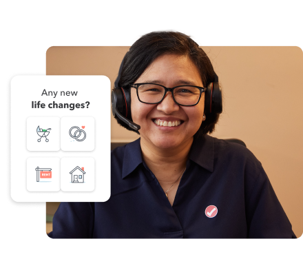 TurboTax expert, Maria, smiling warmly while wearing a headset. Secondary image of baby stroller, wedding bands, home sale sign, and home icons and the text “Any new life changes?”