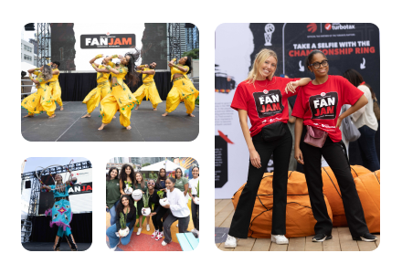 A collage of four Toronto Raptors fan zone images at city locations featuring fans.