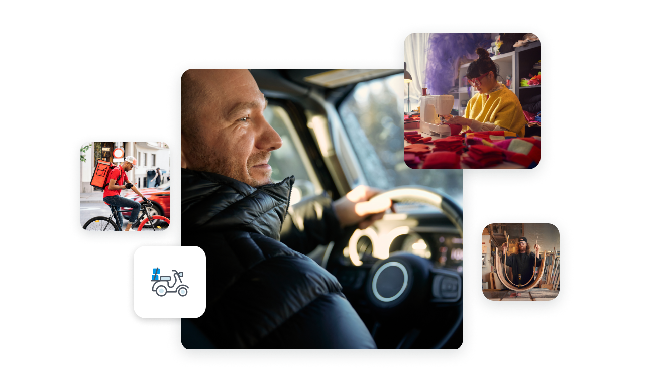 Main image of a smiling man in a puffer jacket in the driver’s seat of his car. Secondary images of: a young man on a bike with a food courier backpack, a female designer behind her sewing machine in her studio, a man working with wood panels in his studio.