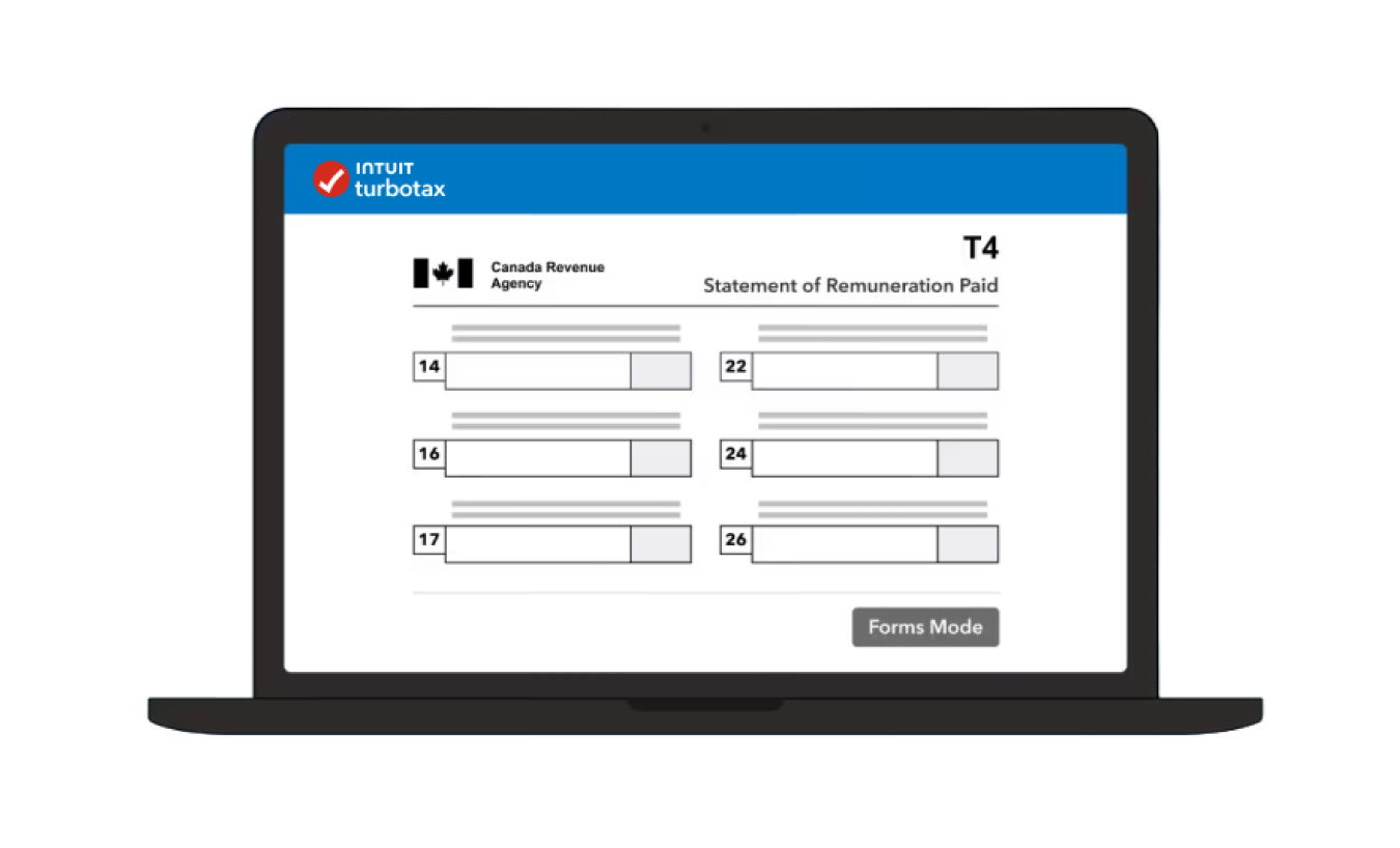 A laptop screen showing a CRA T4 form with the TurboTax Forms Mode button.