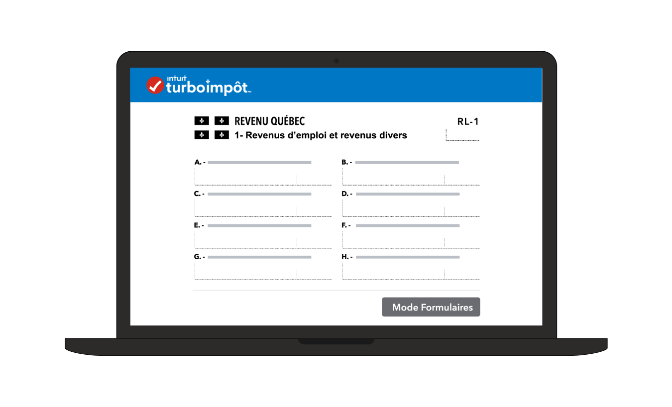 Un écran d’ordinateur portable montrant un formulaire RL-1 de Revenu Québec avec le bouton Mode Formulaires de TurboImpôt.