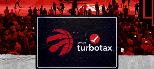 Toronto Raptors and Intuit TurboTax logos side by side with the basketball court in the background.