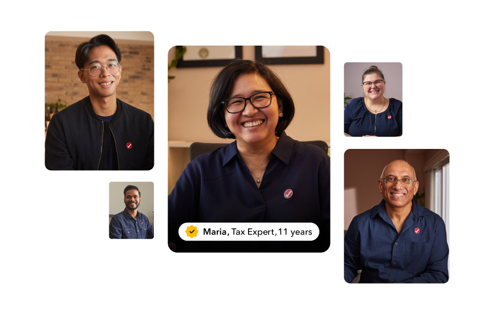 A collage of five TurboTax experts smiling in their respective work spaces.