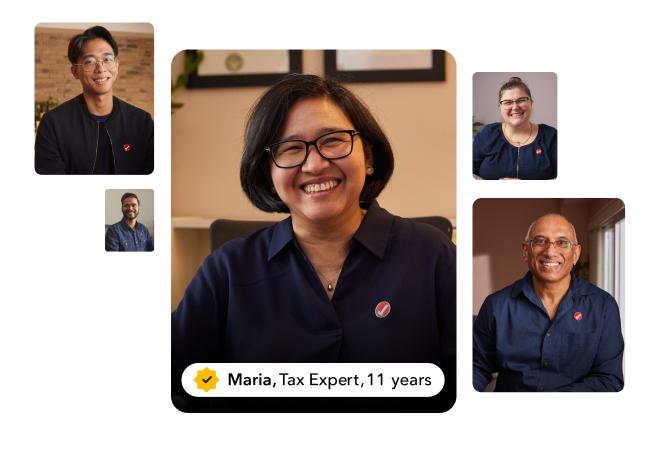 A collage of five TurboTax experts smiling in their respective work spaces.