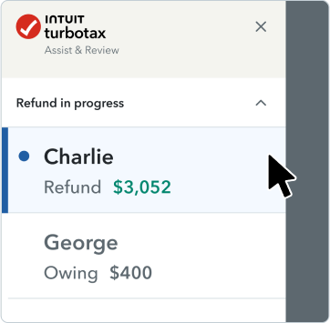 The TurboTax mobile app UI with “Refund in progress” headline and two spousal returns tabs and amounts.