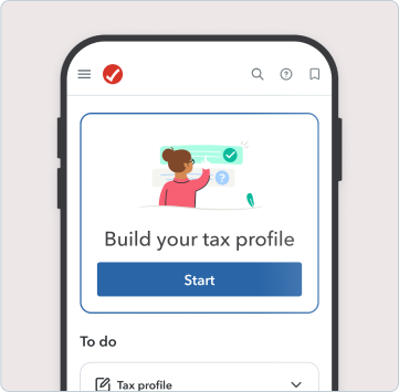 The TurboTax mobile app UI with “Build your tax profile” headline and “Start” button.