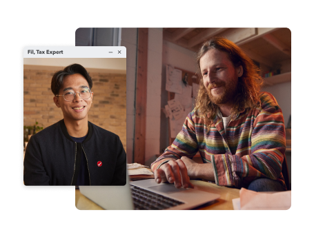 A TurboTax customer working on a laptop in his work space. Secondary image is of Fil, a TurboTax expert.