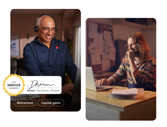 Dhiren is working on his laptop and taking a video call in his home office. Second image is of a male customer working on a laptop at his office.