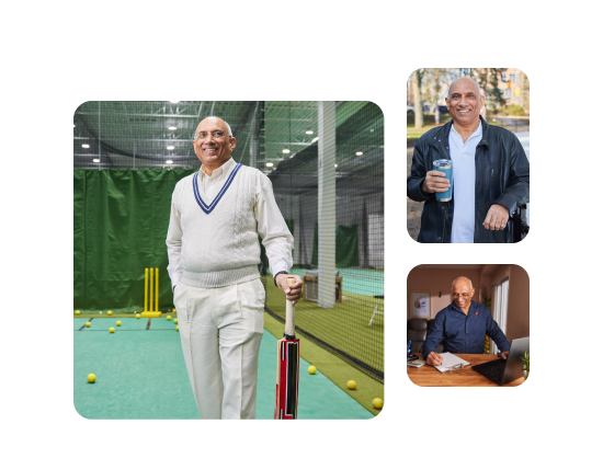 Three images of Dhiren while playing cricket, working at home, and in a park, smiling warmly.