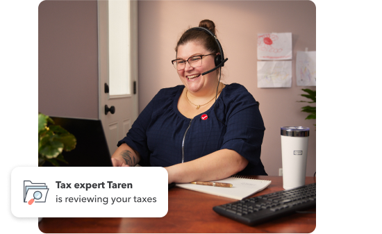 TurboTax expert, Taren, working on a laptop in her home setting. Secondary illustration with “Tax expert Taren is reviewing your taxes” text.