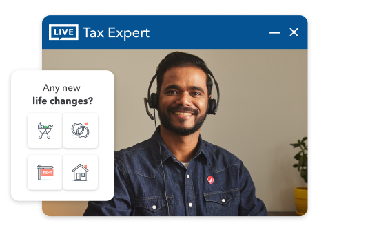 TurboTax expert, Libin, wearing a headset and smiling warmly. UI image with text “How was your year” and icons of baby stroller, wedding bands, home sale sign, and house.