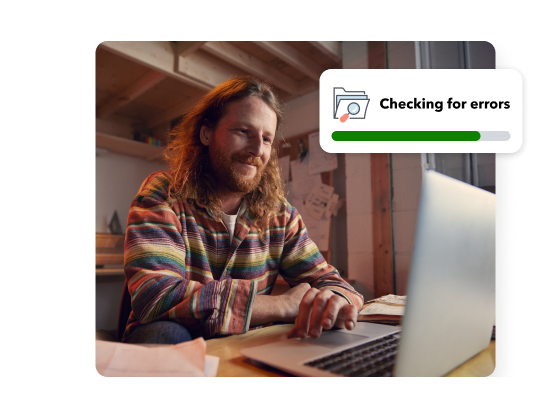 A young man smiling while working on his laptop in his shop. Secondary illustration with “Checking for errors” text.