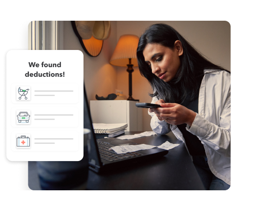 A young woman taking a photo of receipts in her home setting. Secondary illustration with “We found deductions” text and baby stroller, car, and medical briefcase icons.