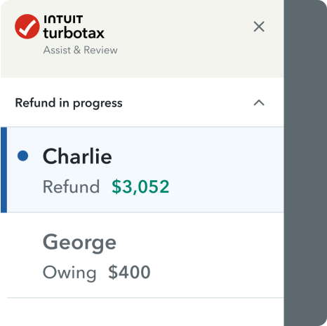 The TurboTax mobile app UI with “Refund in progress” headline and two spousal returns tabs and amounts.