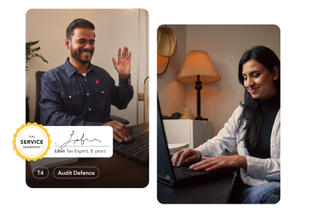 Libin is working on his laptop and taking a video call in his home office. Second image is of a female customer working at his office on a laptop.