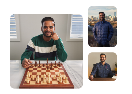 Three images of Libin in his home setting, playing chess, and outside with the skyline of Edmonton behind him, smiling warmly.