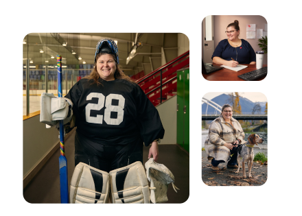 Three images of Taren in her hockey gear, working on a laptop at home, and outdoors with her dog, smiling warmly.