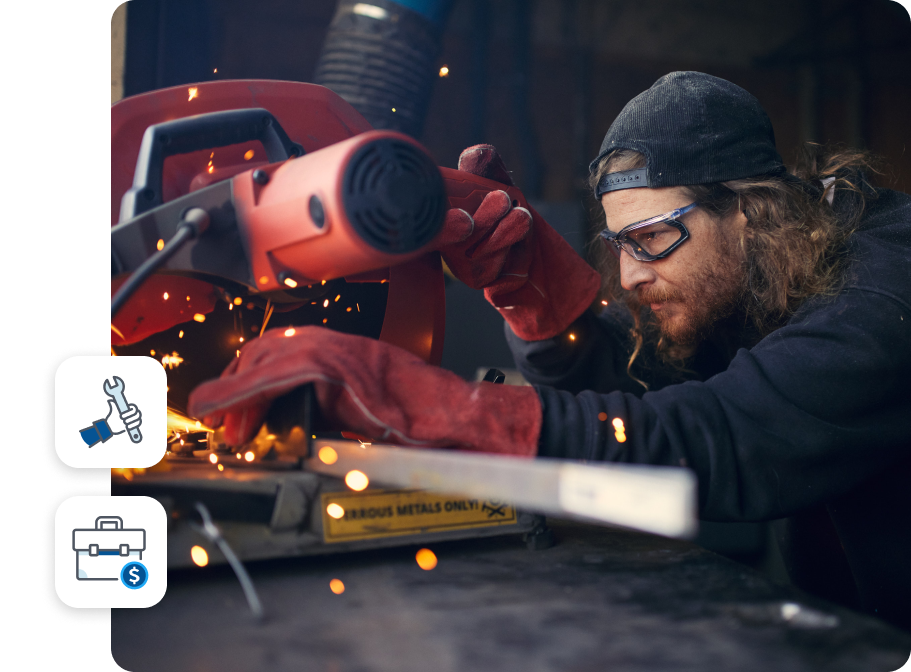 A man working in his woodworking shop cutting a piece of wood. Secondary icons of a wrench and a briefcase.