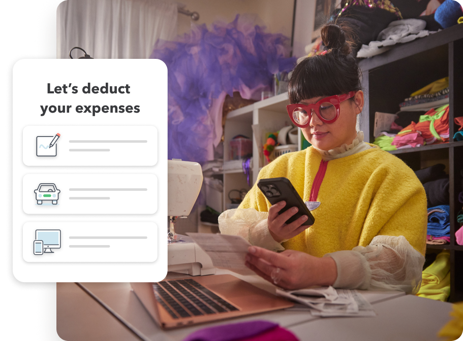 A female designer taking photos of her receipts in her design studio. Secondary image of “Let’s deduct your expenses” text and pencil, car, and laptop icons.