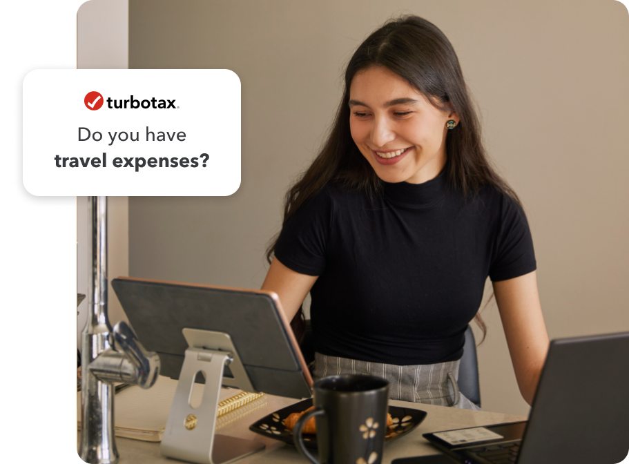 A young woman working on her tablet in her home. Secondary image of a TurboTax logo and “Do you have travel expenses?” text.