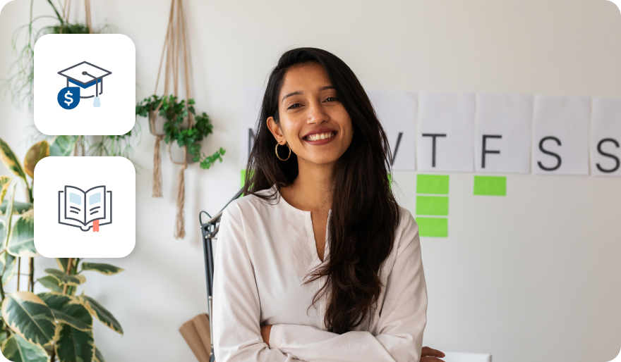 A young woman smiling warmly in  her home space. The image  includes supporting icons of books  and a graduation cap.