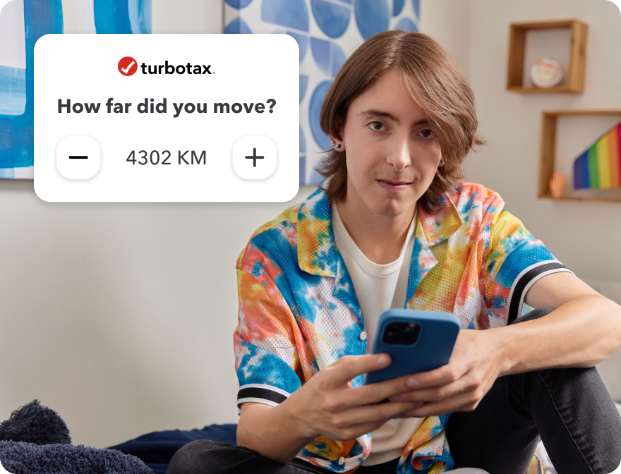 A young man sitting in his bedroom and holding a smartphone. Secondary image is of a TurboTax logo with text “How far did you move?” next to a kilometers range.