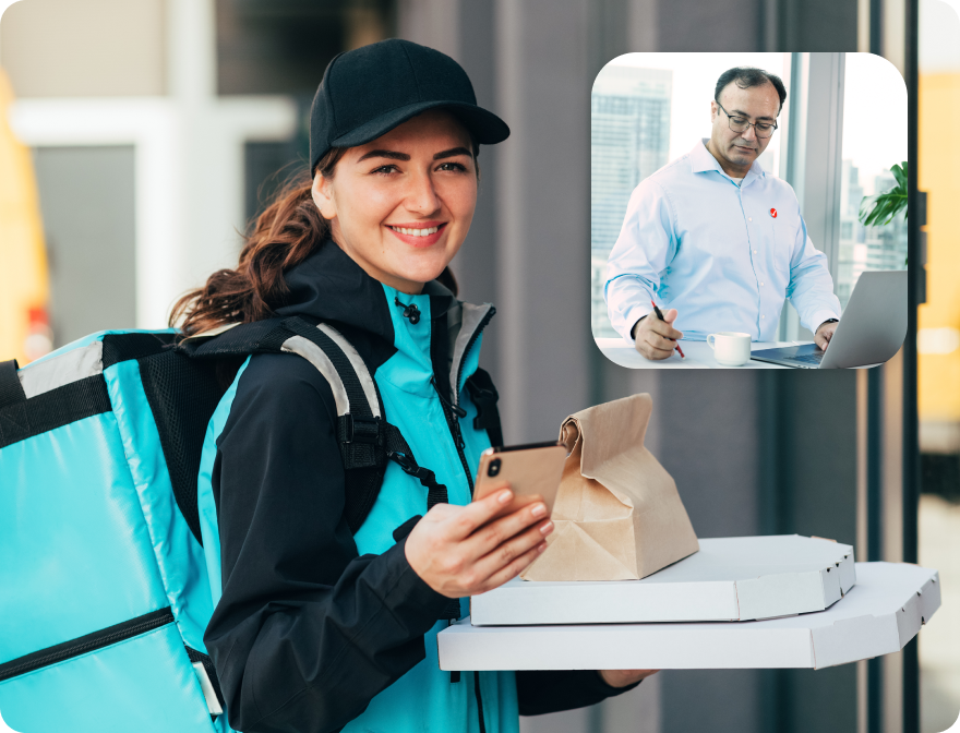 A young woman delivering a food order with a delivery backpack. Secondary image is of a TurboTax expert working on his laptop.