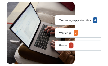 Primary image of a closeup of a laptop on a young woman’s lap. Secondary image is of TurboTax product UI with tax-saving opportunities, warnings, and errors icons.