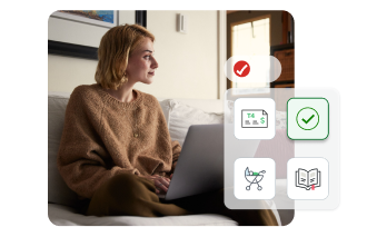 Primary image of a young woman sitting on her couch while working on her laptop. Secondary image of TurboTax product UI with life situation icons.