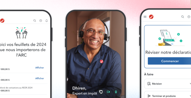 Deux images de l’interface utilisateur de l’application mobile de TurboImpôt. Troisième image de Dhiren, une personne experte en impôts portant un casque d’écoute et souriant chaleureusement.