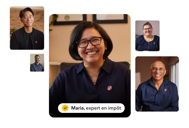 Une image de cinq experts de TurboImpôt souriant dans leur espace de travail respectif.
