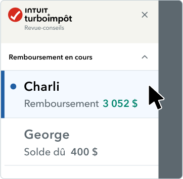 L’interface utilisateur de l’application mobile de TurboImpôt avec l’en-tête « Remboursement en cours » et deux onglets de déclarations conjointes et les montants correspondants.