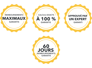 Garantie de remboursement maximal; garantie de calculs exacts à 100 %; garantie de service complet; garantie d’approbation par un expert; insigne de garantie de remboursement de 60 jours