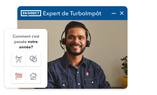 Libin, expert de TurboImpôt, porte un casque d’écoute et sourit chaleureusement. Image d’interface de l’utilisateur avec le texte « Comment s’est passée votre année » et les icônes d’une poussette, d’une alliance, d’un panneau À vendre et d’une maison.