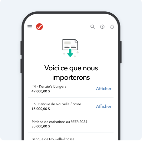 L’interface utilisateur de l’application mobile de TurboImpôt avec la en-tête « Voici ce que nous importerons ».