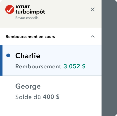 L’interface utilisateur de l’application mobile de TurboImpôt avec l’en-tête « Remboursement en cours » et deux onglets de déclarations conjointes et les montants correspondants.