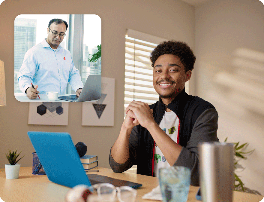 A young man working on his laptop in his home. Secondary image of a TurboTax expert working.