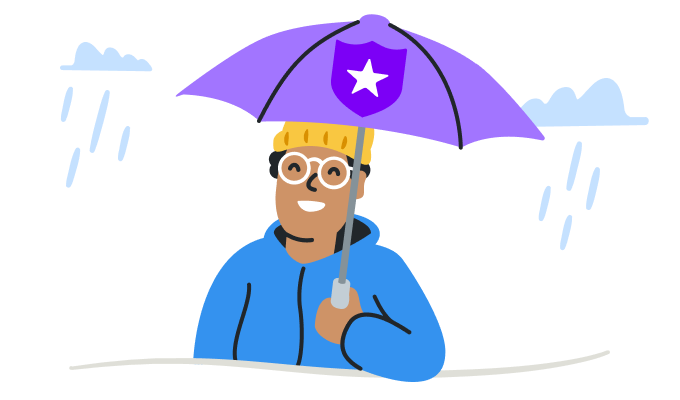 Illustration d’un homme qui sourit tout en soutenant un parapluie sous des nuages pluvieux.