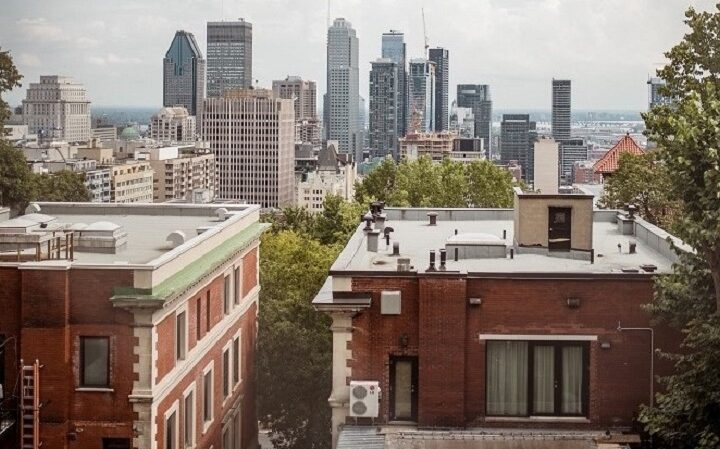 A view of a city skyline from a building.