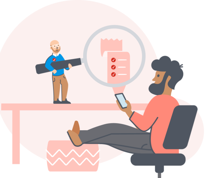 Animated picture of a person sitting on a chair with a mobile phone.