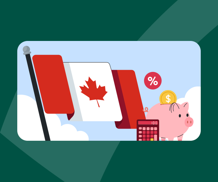 Canadian flag, piggy bank, calculator