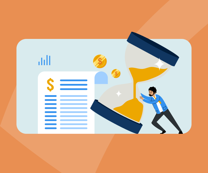 Animated man pushing up a tipped hourglass, dollar coins, and document