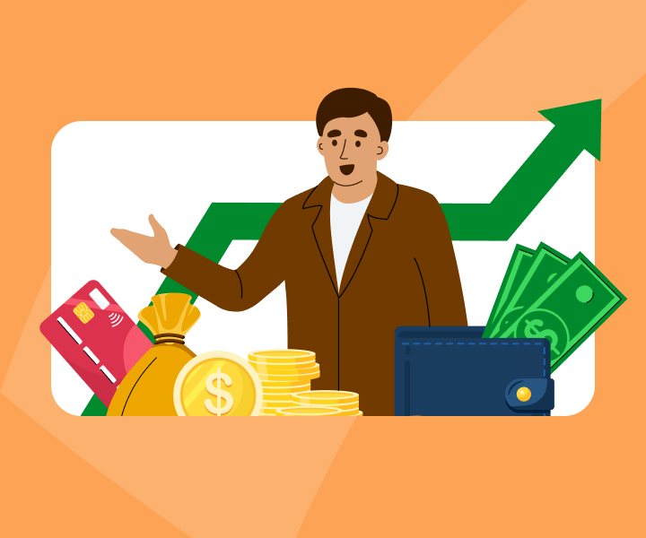 A person surrounded by a credit card, coin bag, wallet and cash