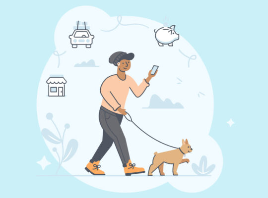 A picture of a person walking a dog on a leash.