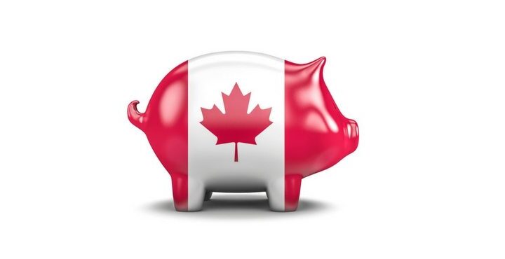 A piggy bank with a Canadian flag on top.