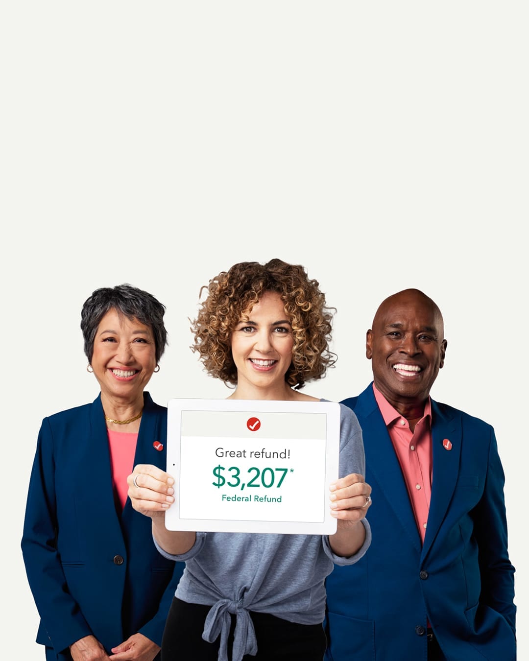 A TurboTax user and two tax experts show off a great refund. 