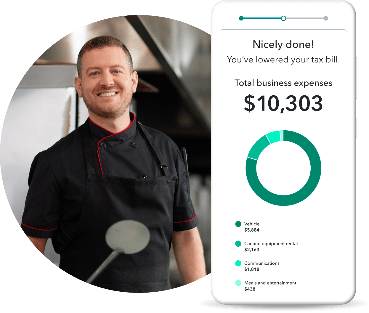 Customer and phone device displaying business expenses