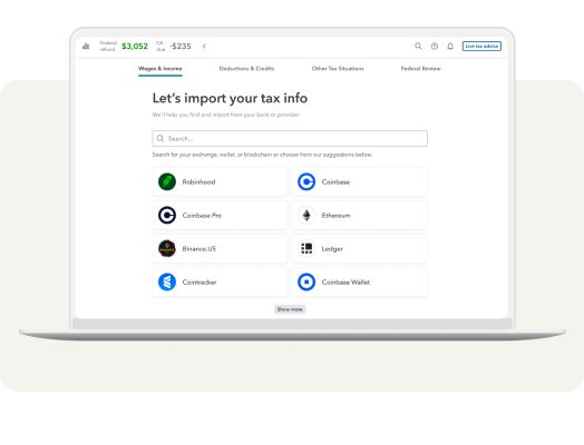 Graphic of TurboTax Investment Center being used to import a customer’s crypto investment activity.